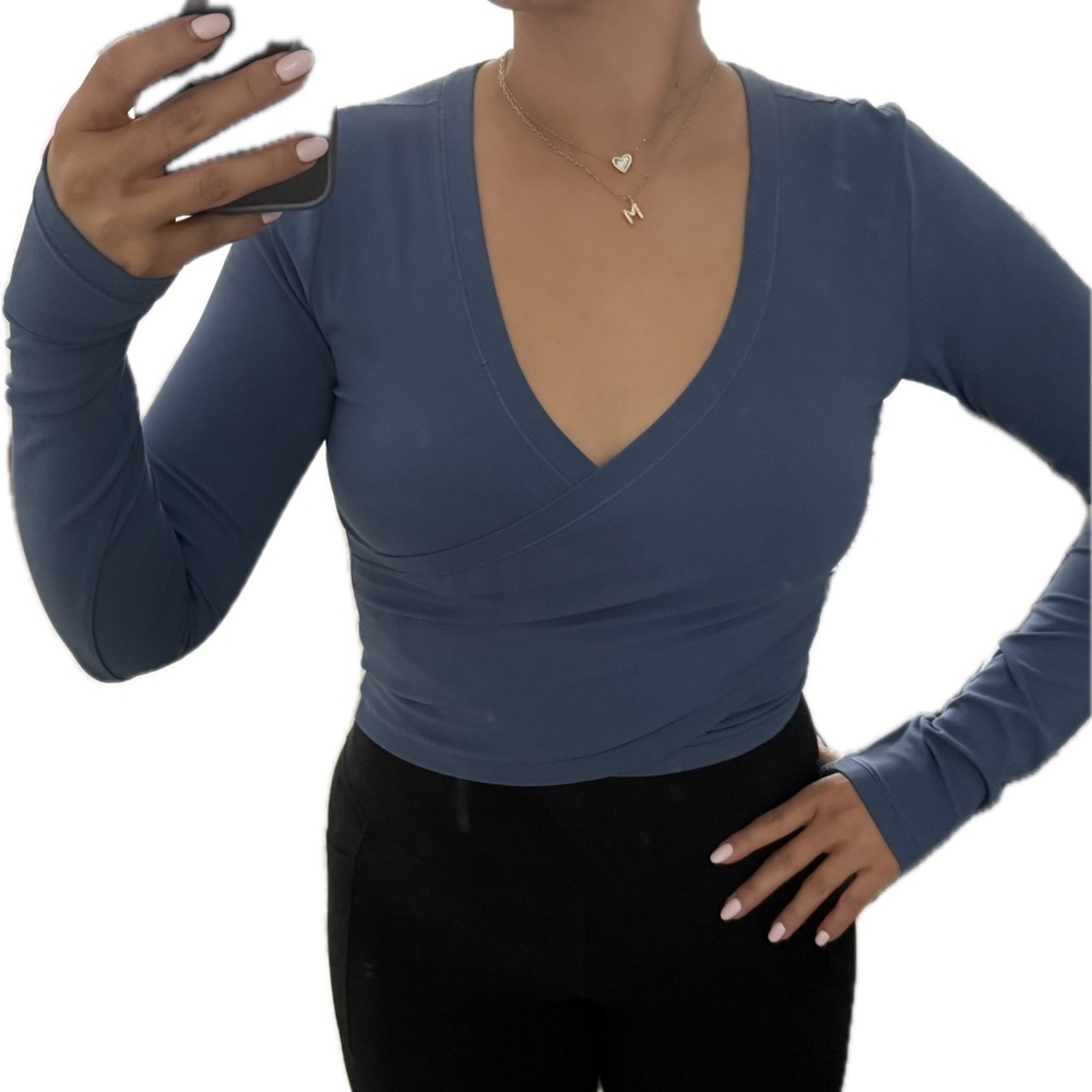 Athleta Blue Fitted Wrap Blouse